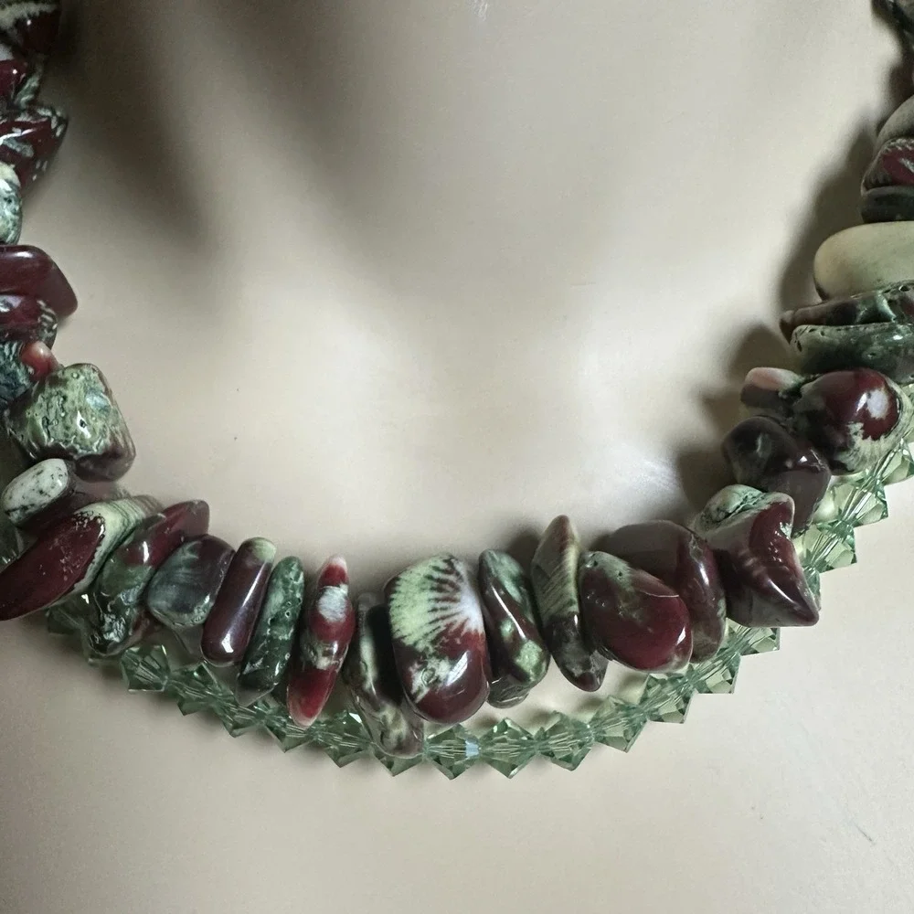 Artisan Beaded Necklace 17 Inch Fossil Coral Austrian Crystal 925 Sterling 87.8g